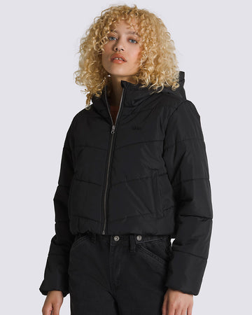 model wearing black cropped puffer jacket with hood