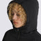 model wearing black cropped puffer jacket with hood on