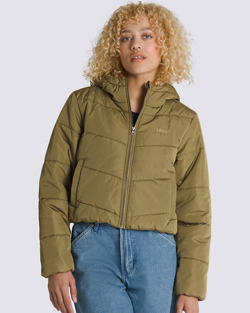 model wearing olive cropped puffer jacket with hood