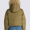 back view of model wearing olive cropped puffer jacket with hood