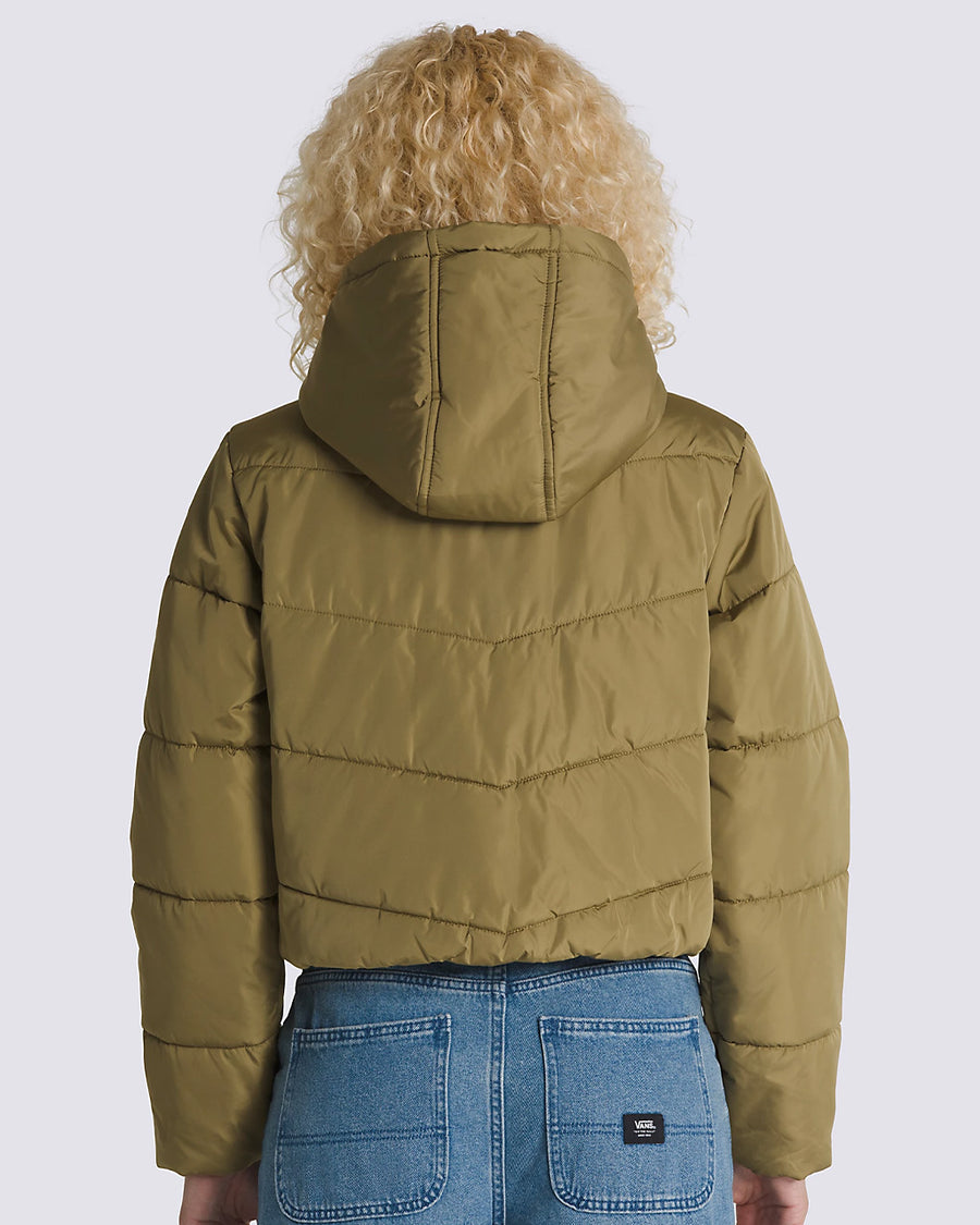 back view of model wearing olive cropped puffer jacket with hood