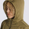 model wearing olive cropped puffer jacket with hood on