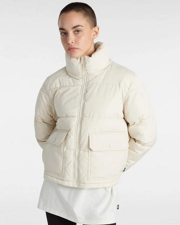 model wearing cream cropped  puffer jacket