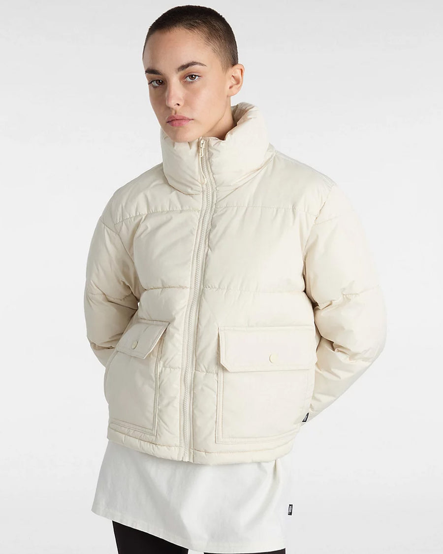 model wearing cream cropped  puffer jacket