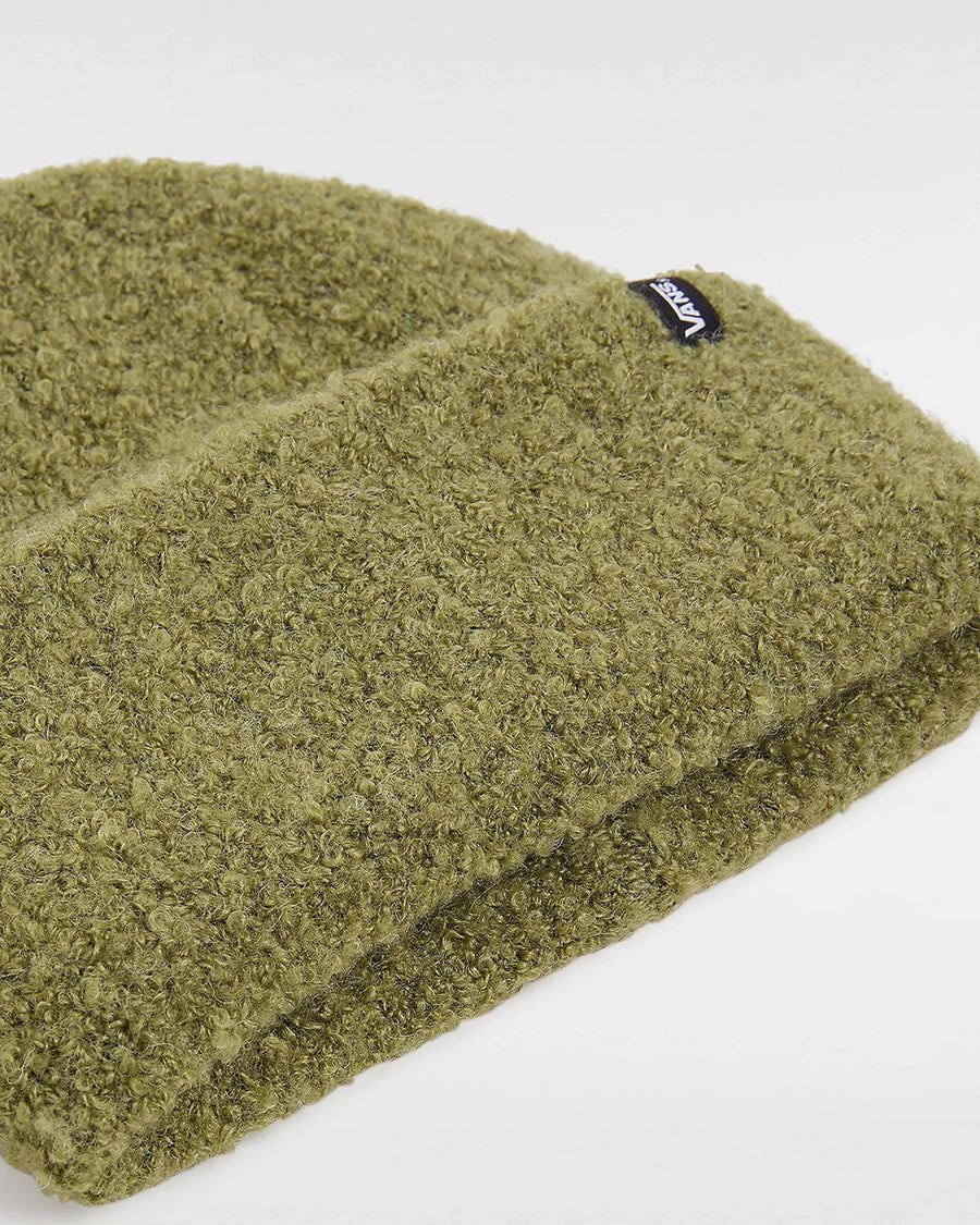 up close of olive boucle beanie hat with cuff