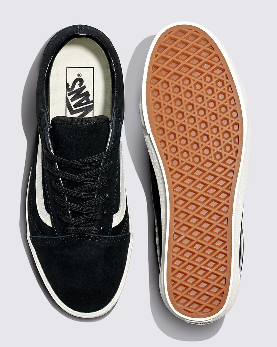 top and bottom of vans black lowpro sneaker with white iconic stripe