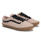 pair of vans peach lowpro sneaker with black faux leather stripe