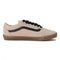 side view of pair of vans peach lowpro sneaker with black faux leather stripe