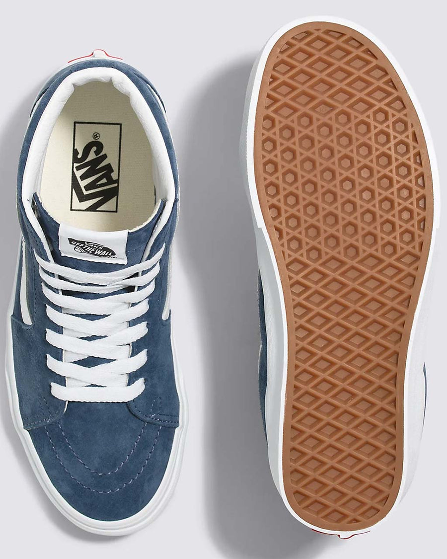 top and bottom view of vintage indigo pigskin suede old skool sneakers