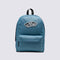 blue nylon backpack with black accents and black and white Vans 'Off The Wall' skateboard patch 