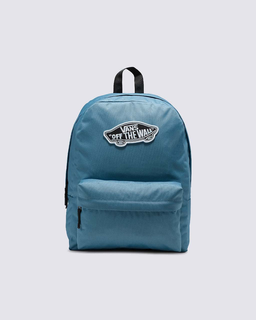 blue nylon backpack with black accents and black and white Vans 'Off The Wall' skateboard patch 