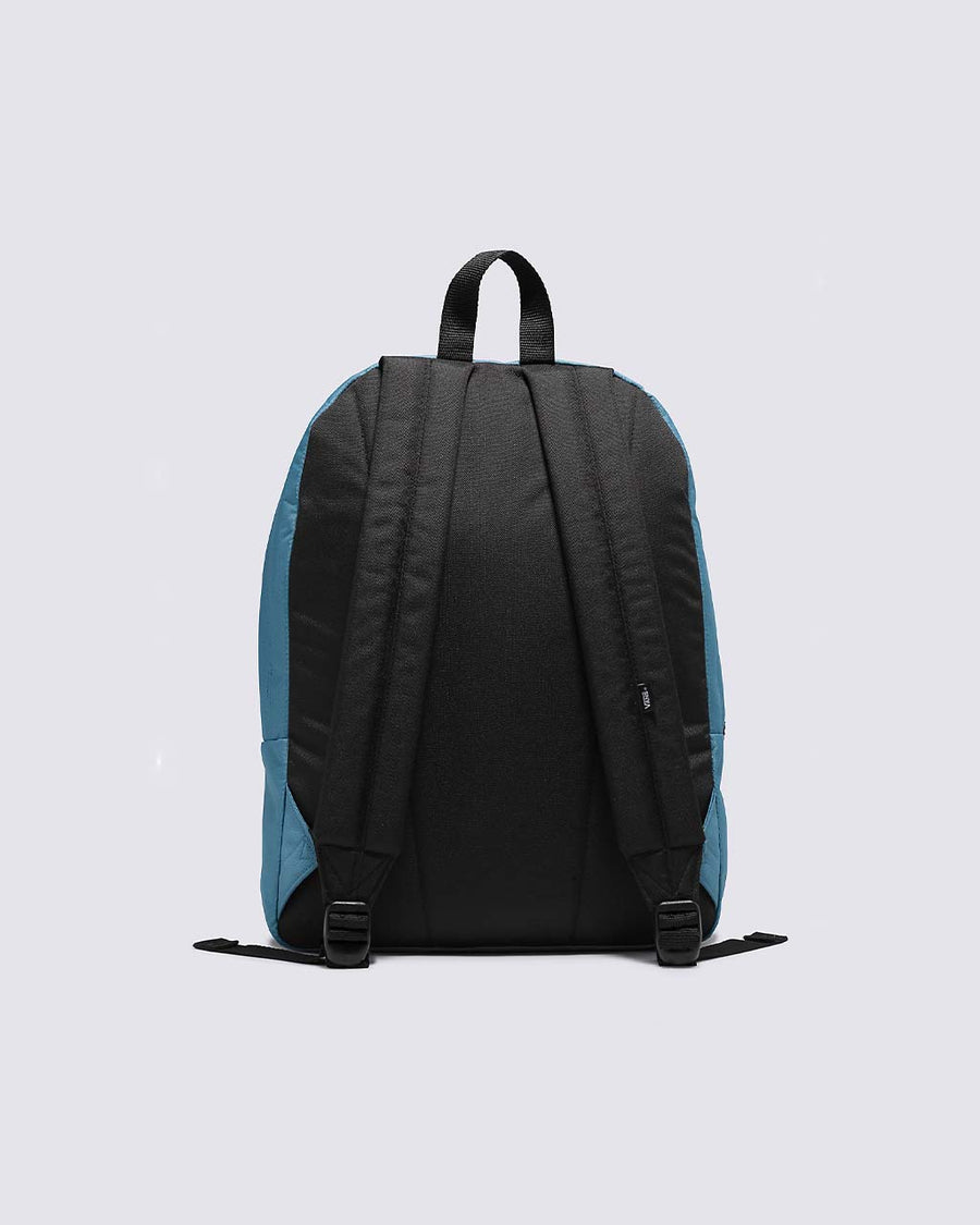 back view of blue nylon backpack with black accents and black and white Vans 'Off The Wall' skateboard patch 