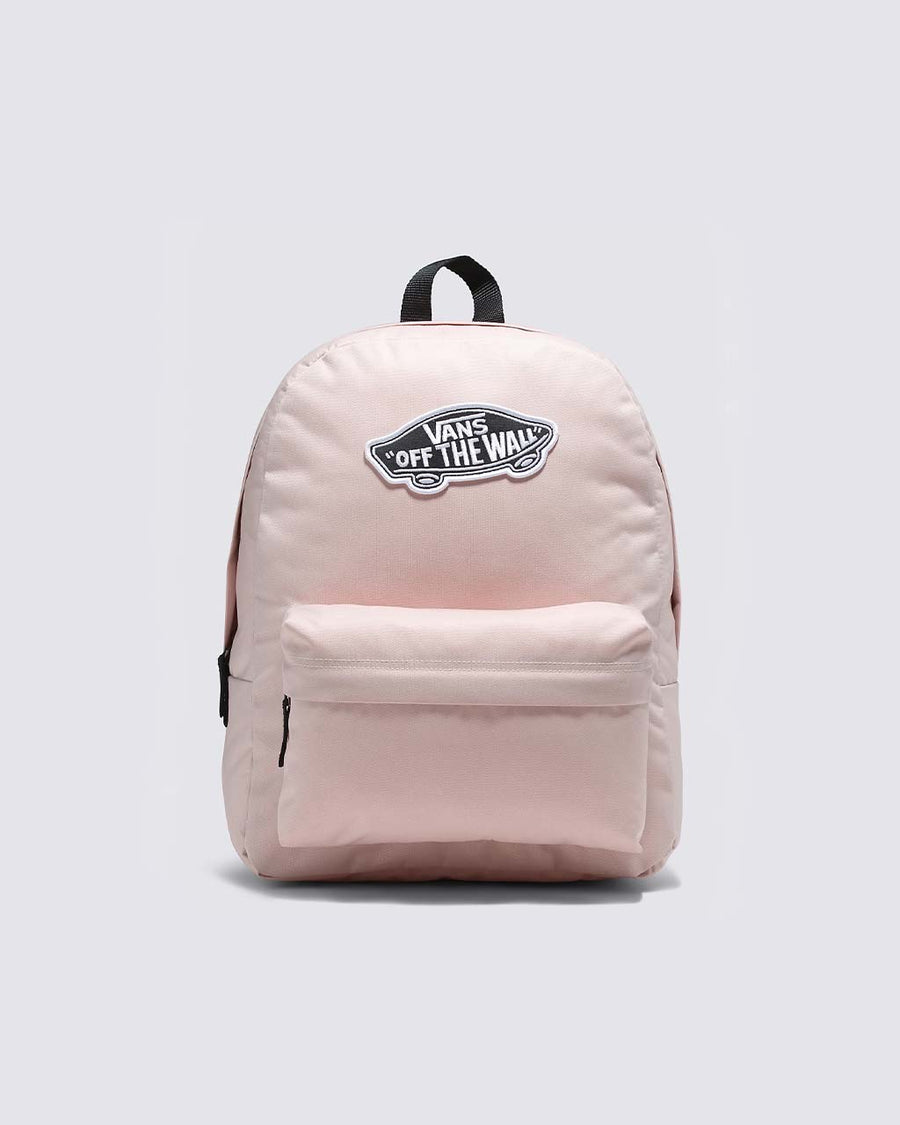 light pink nylon backpack with black accents and black and white Vans 'Off The Wall' skateboard patch 