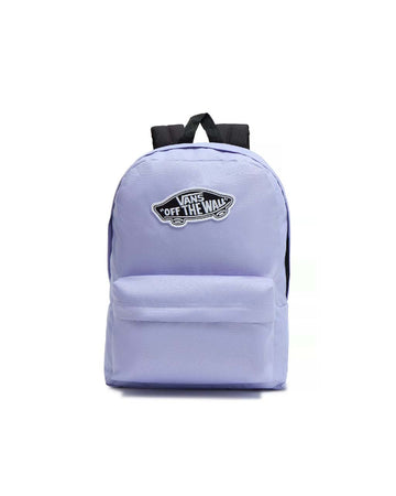 lavender nylon backpack with black accents and black and white Vans 'Off The Wall' skateboard patch 