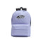 lavender nylon backpack with black accents and black and white Vans 'Off The Wall' skateboard patch 