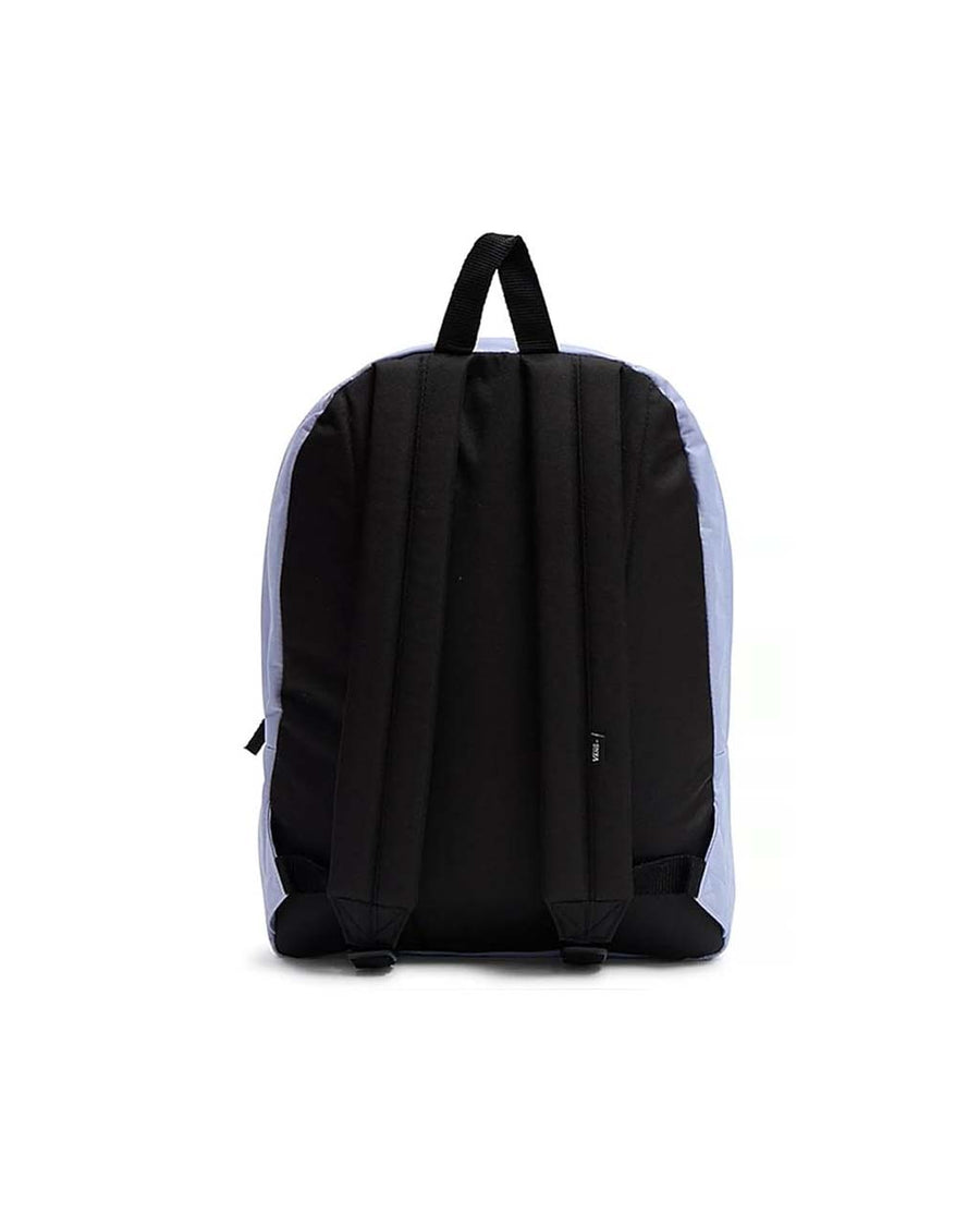 back view of lavender nylon backpack with black accents and black and white Vans 'Off The Wall' skateboard patch 