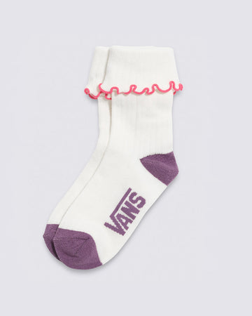 white fold over crew socks with pink ruffle top and purple trim