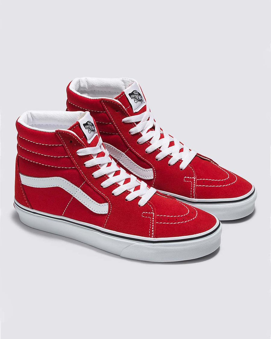 pair of red vans sk8-hi sneakers with white trim