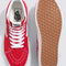 top and bottom view of pair of red vans sk8-hi sneakers with white trim