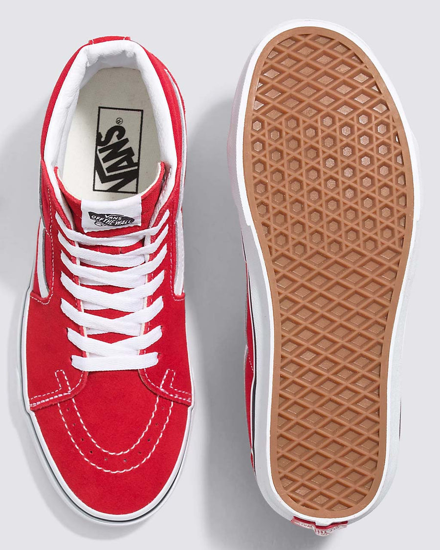 top and bottom view of pair of red vans sk8-hi sneakers with white trim