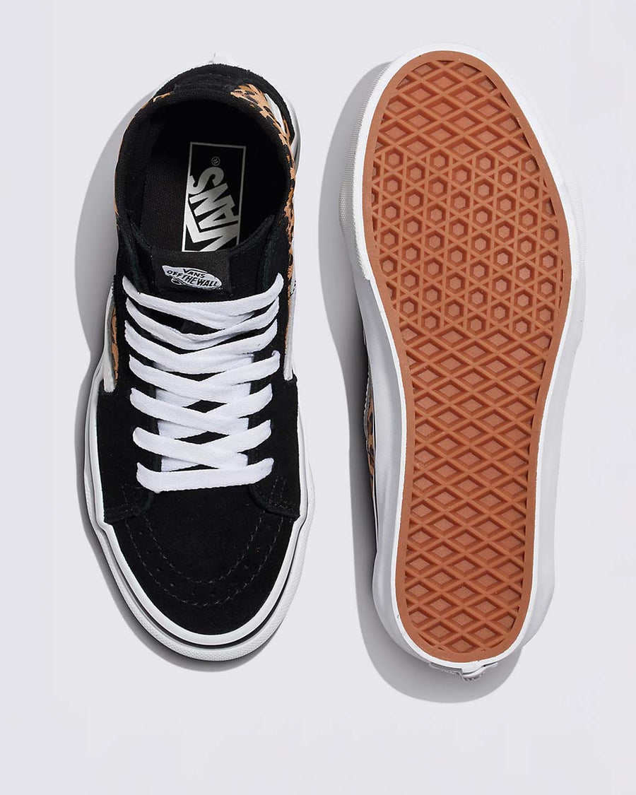 top and bottom view of black vans sk8-hi tapered sneaker with brown leopard print detail and white vans stripe