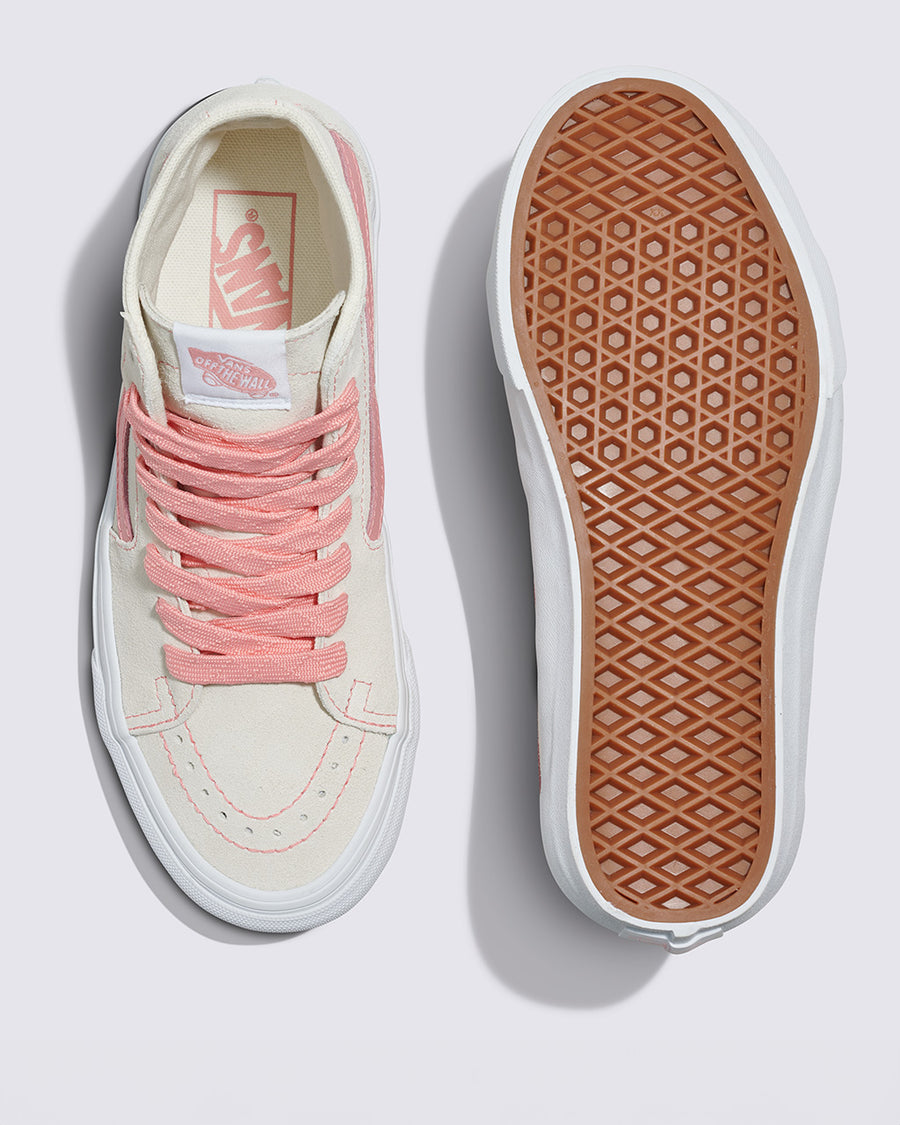 top and bottom view of sand sk8-hi tapered sneakers with pink laces and trim