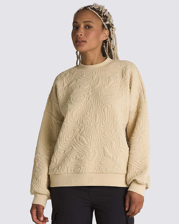 model wearing sand long sleeve top with embroidered mojave desert jacquard