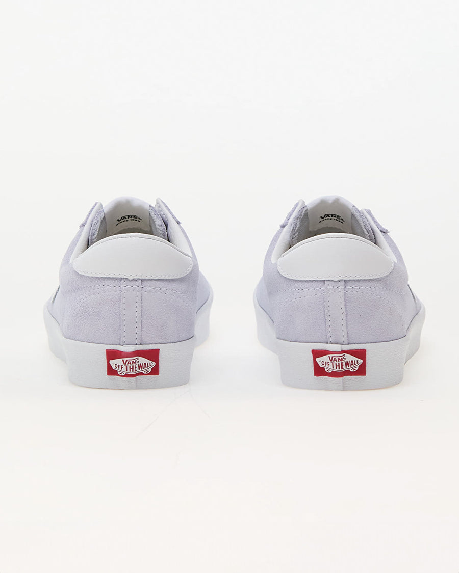 back view of periwinkle blue suede sport low sneakers