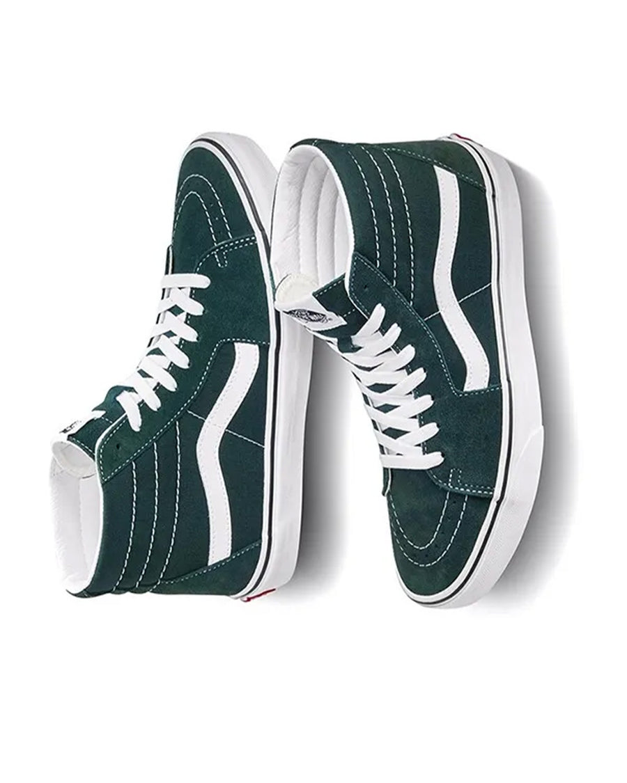 side views of teal green suede sk8-hi sneaker