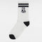 white crew socks with black stripes and panda print