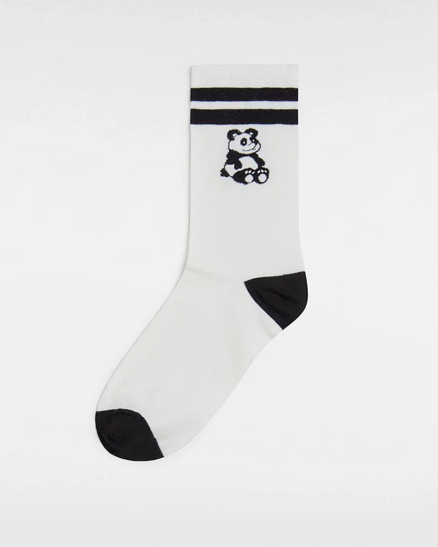 white crew socks with black stripes and panda print