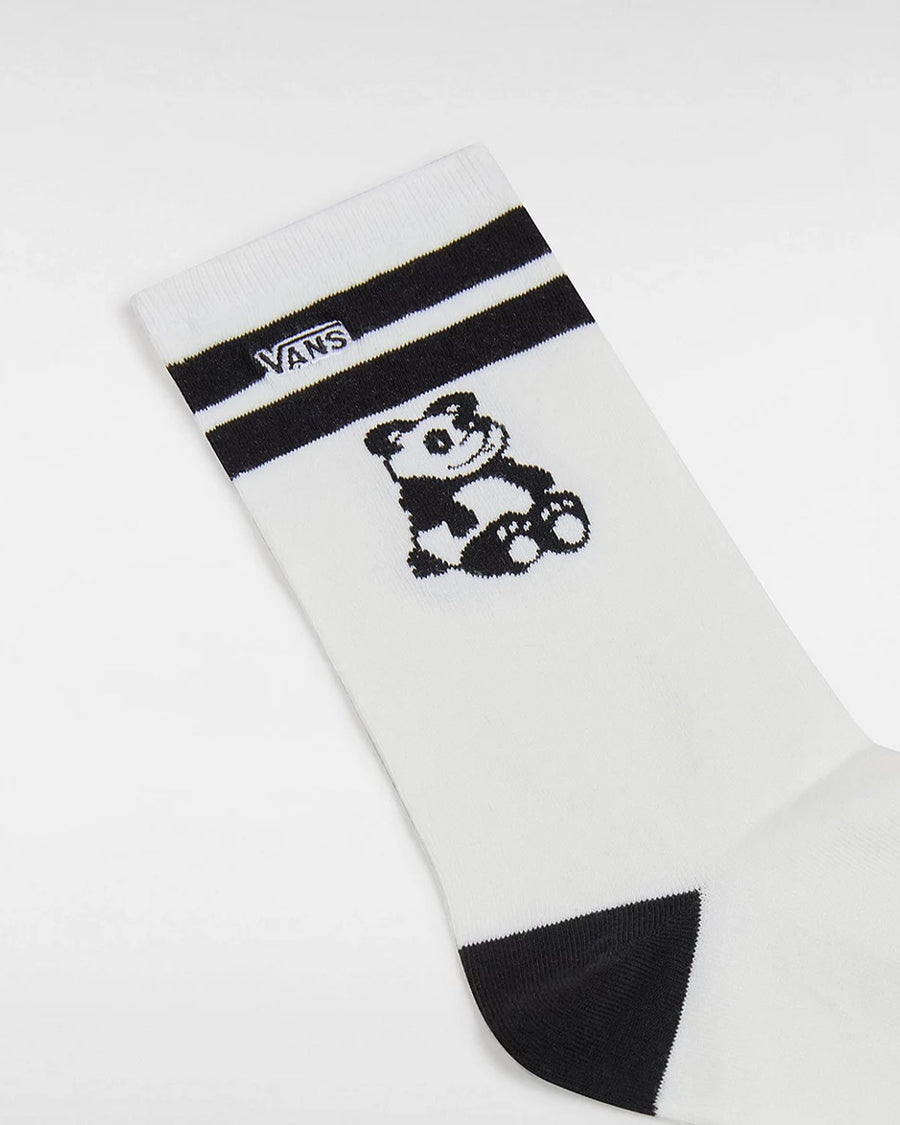 up close of white crew socks with black stripes and panda print