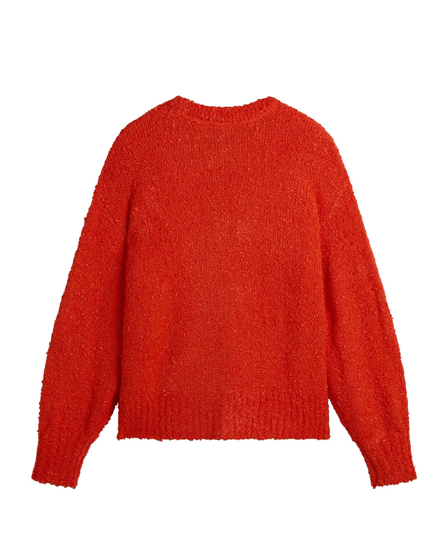 back view of red boucle relaxed fit cardigan