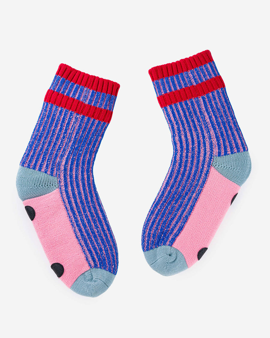 pink and blue ribbed socks with pink and grey bottom with non-stick bottoms