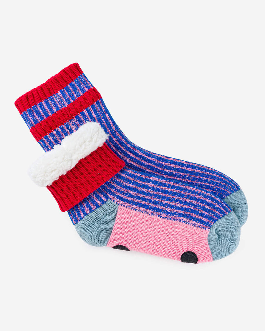 fuzzy interior of pink and blue ribbed socks with pink and grey bottom with non-stick bottoms