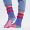 back view of pink and blue ribbed socks with pink and grey bottom with non-stick bottoms