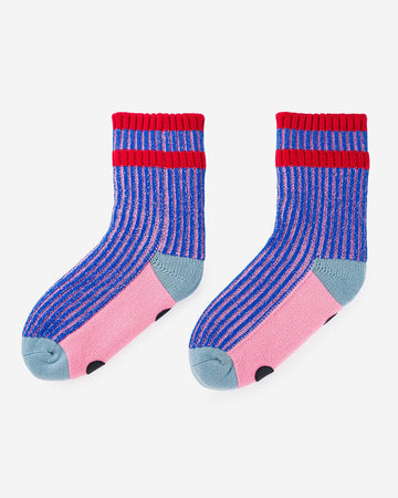 pink and blue ribbed socks with pink and grey bottom with non-stick bottoms