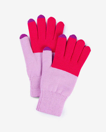 fuschia and lilac color block gloves with tech compatible fingertips