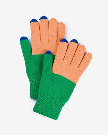 kelly and peach color block gloves with tech compatible fingertips