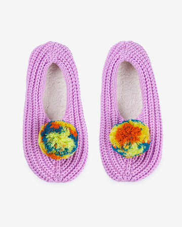 lilac knitted slip on slipper socks with rainbow pom