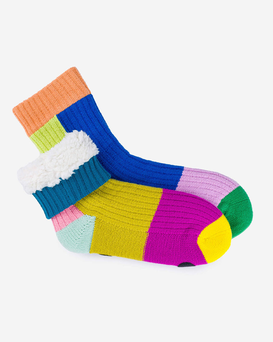 fuzzy interior of mismatched color ribbed crew socks