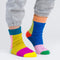 model wearing mismatched color ribbed crew socks