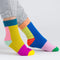 model wearing mismatched color ribbed crew socks