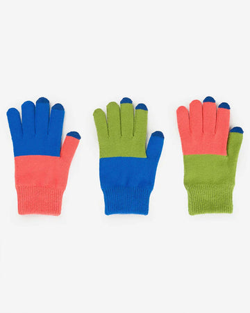 set of three pair of gloves in cobalt, coral and green colorblock