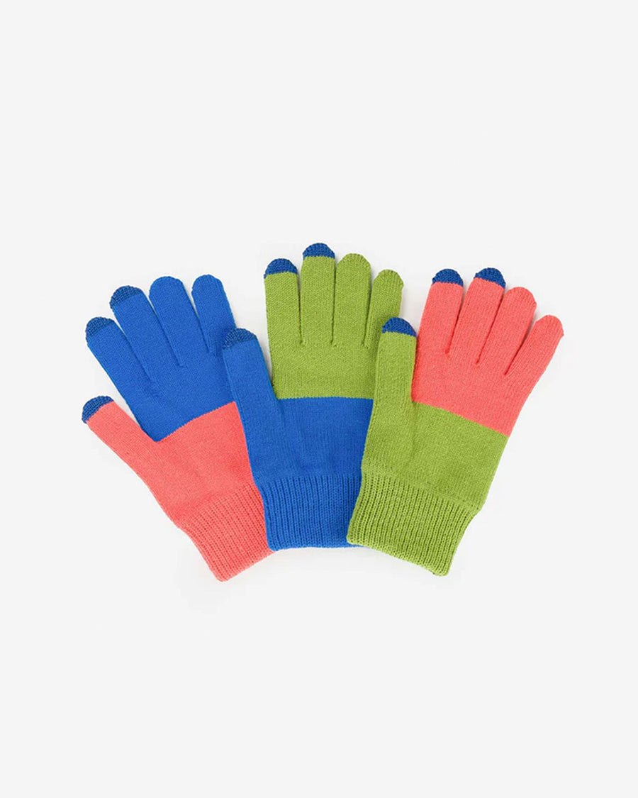 set of three pair of gloves in cobalt, coral and green colorblock