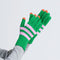 model wearing green and lilac striped gloves with tech compatible fingertips