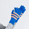 model wearing peach and cobalt striped gloves with tech compatible fingertips