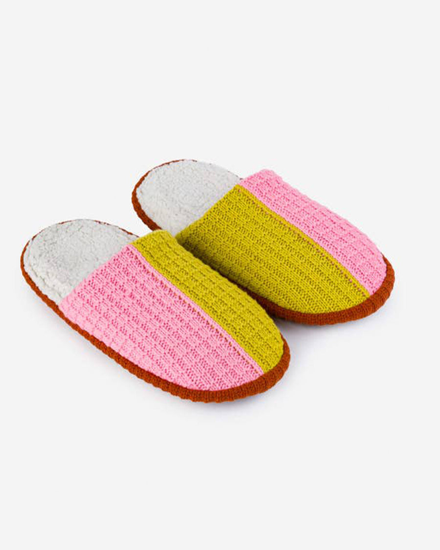 split pink and olive green knit slippers with a fuzzy inside