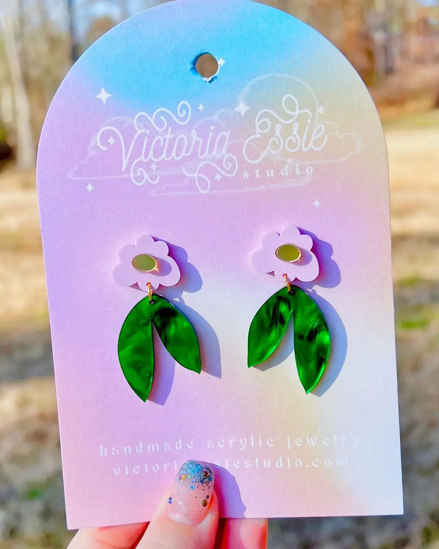 purple flower with leaf dangle earrings