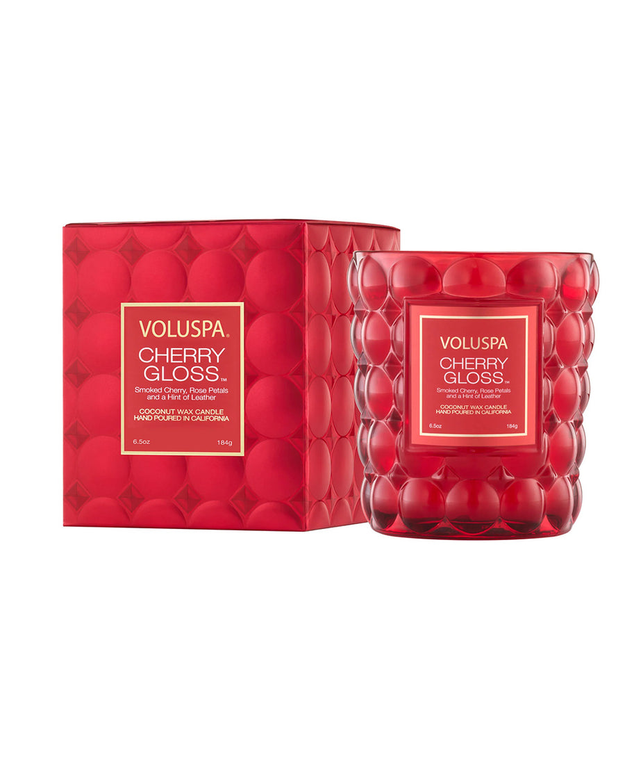 red bubble standard candle with cherry rose scent and packaging